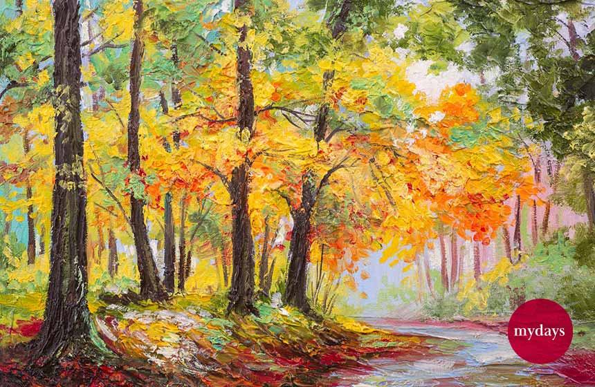 Ein Gemälde von einem Wald im Herbst