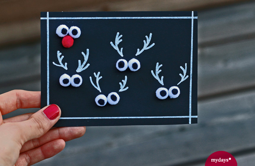 die selbst gemachte Weihnachtskarte mit Rentieren und Rudolf