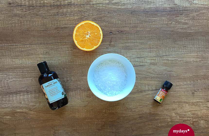 Orange, Salz und ätherisches Öl
