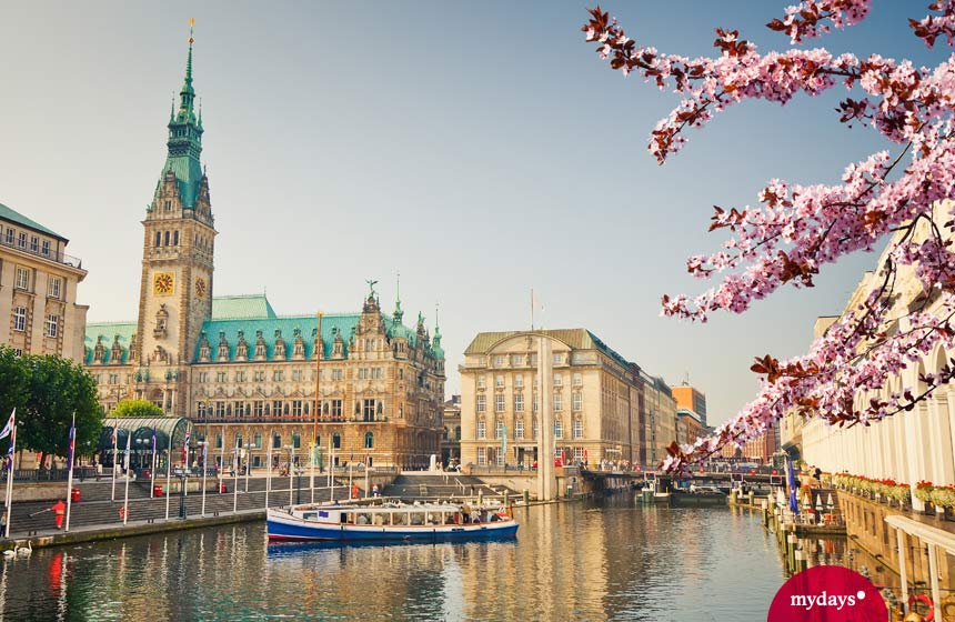 Binnenalster in Hamburg mit Kirschblüten.