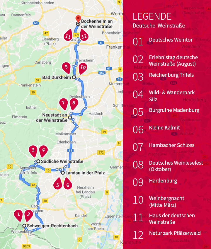 Deutsche Weinstraße Karte mit Sehenswürdigkeiten
